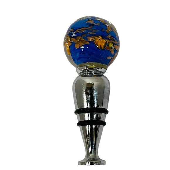Murano Glass Blue Orange Glass Bottle Stopper Mullti Cover 3 1/3" - Picture 5 of 7